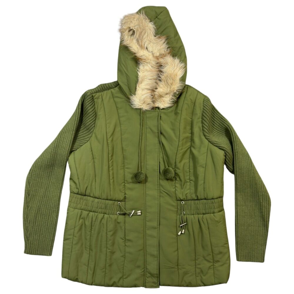Vtg Venezia Sweater Jacket Womens 22/24 Green Mixed Media Shearling Hood Zipper